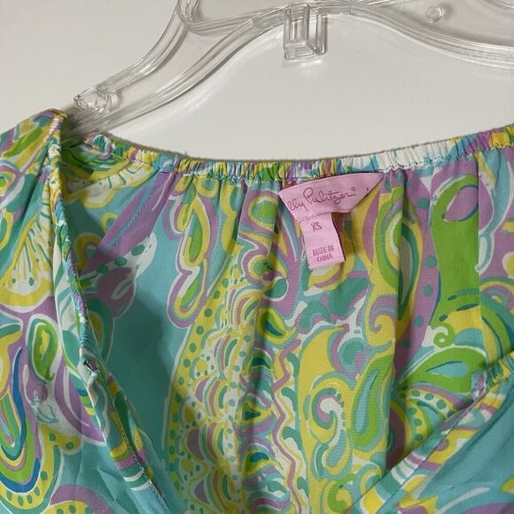 Lilly Pulitzer Sarabeth floral blue green paisley silk blouse top XS - Picture 2 of 4